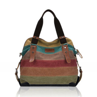 Casual Canvas Contrast Stripe Handbag With Multi-pockets